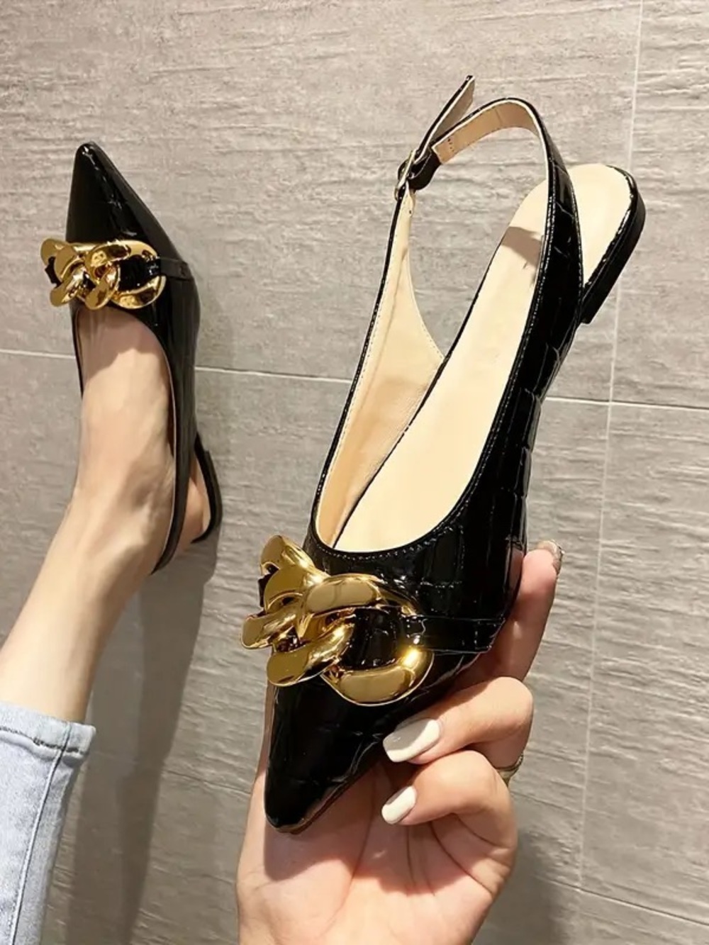 Black Pointed Toe Chain-Accent Women's Slingback Heels